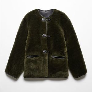 Mango fur-effect coat with appliqués in khaki (green)